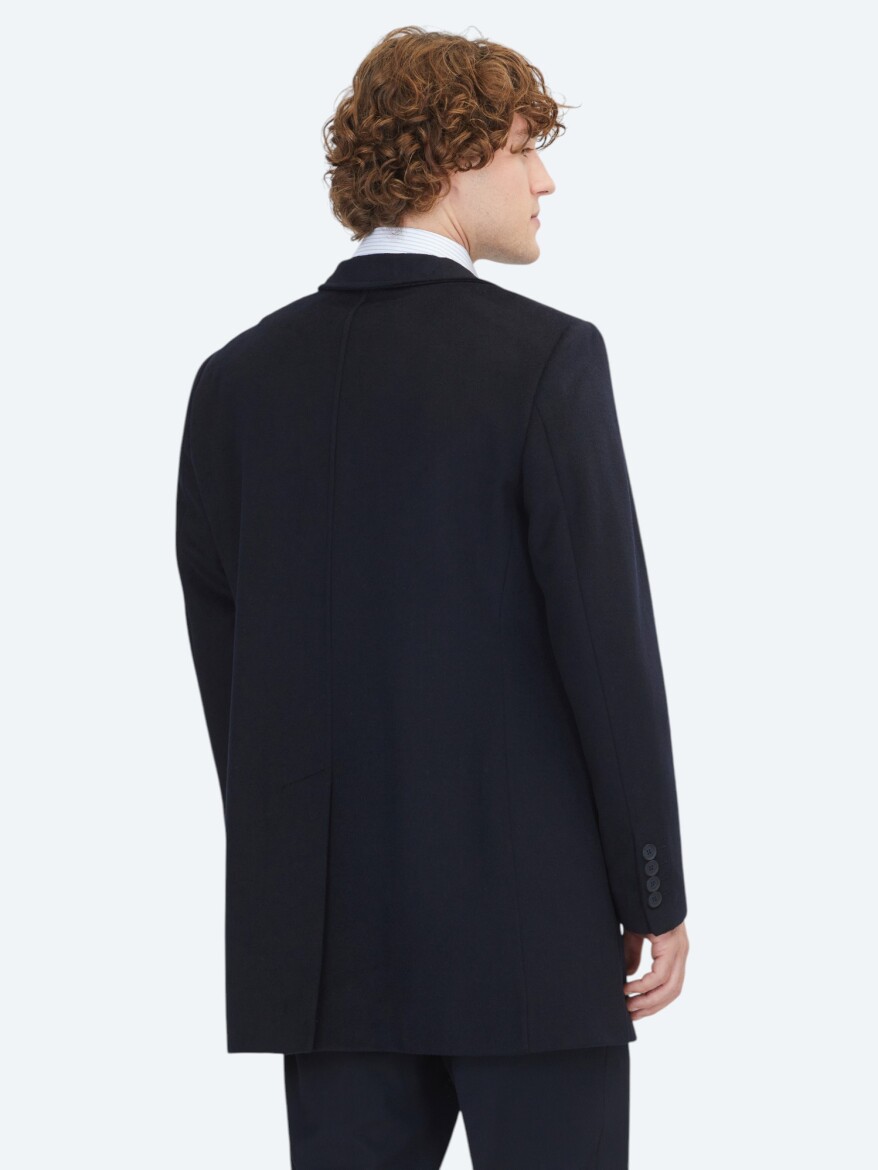 Navy Blue Regular Fit Shawl Collar Casual Weaving Overcoat - 7