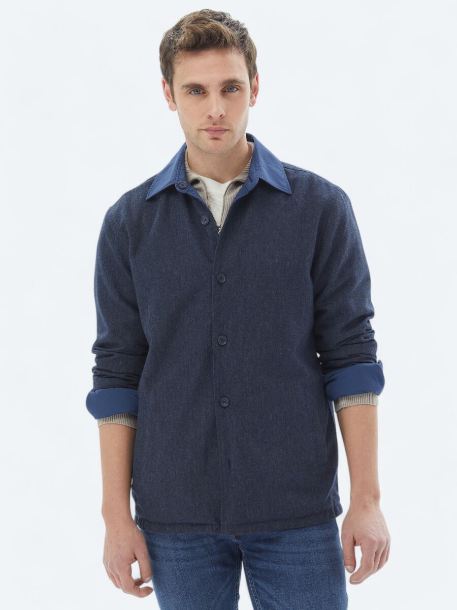 Navy Blue Regular Fit Shirt Collar Casual Weaving Coat - 1