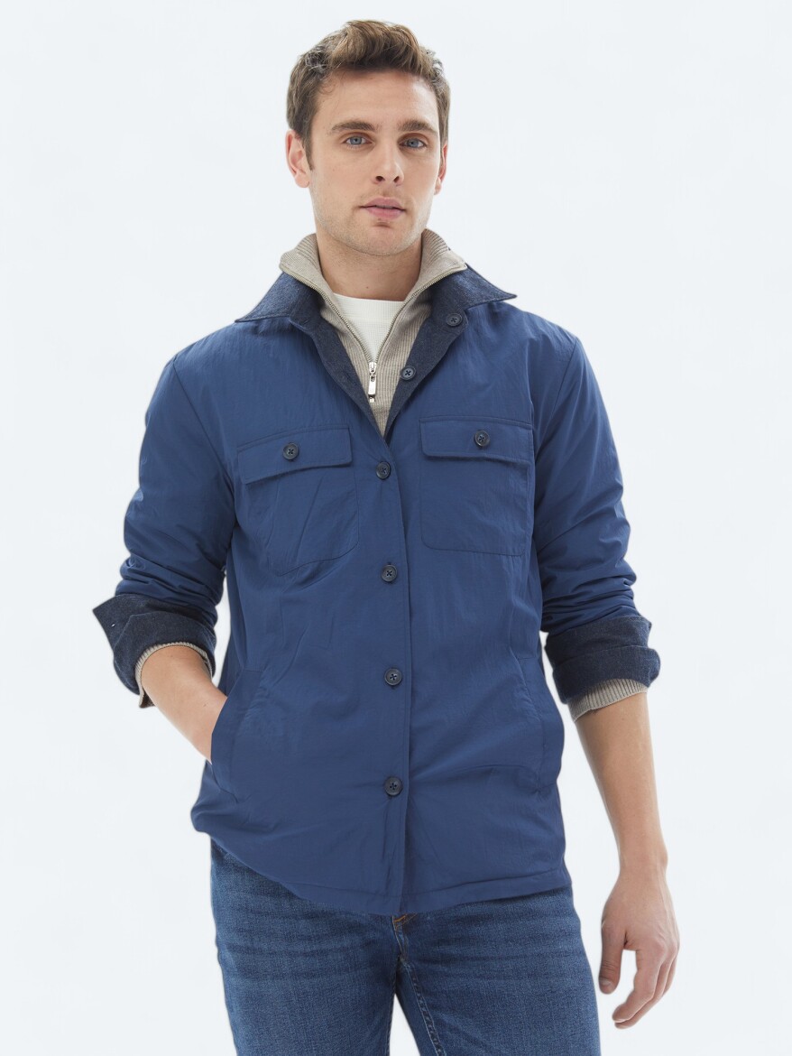 Navy Blue Regular Fit Shirt Collar Casual Weaving Coat - 2