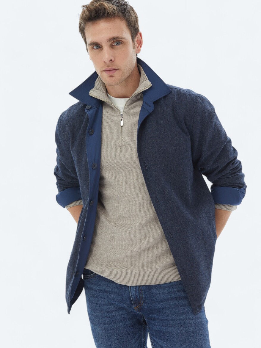 Navy Blue Regular Fit Shirt Collar Casual Weaving Coat - 3
