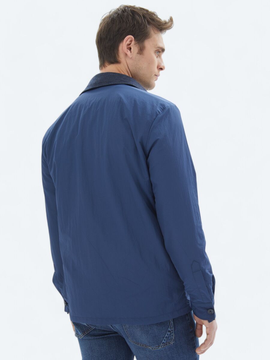 Navy Blue Regular Fit Shirt Collar Casual Weaving Coat - 12