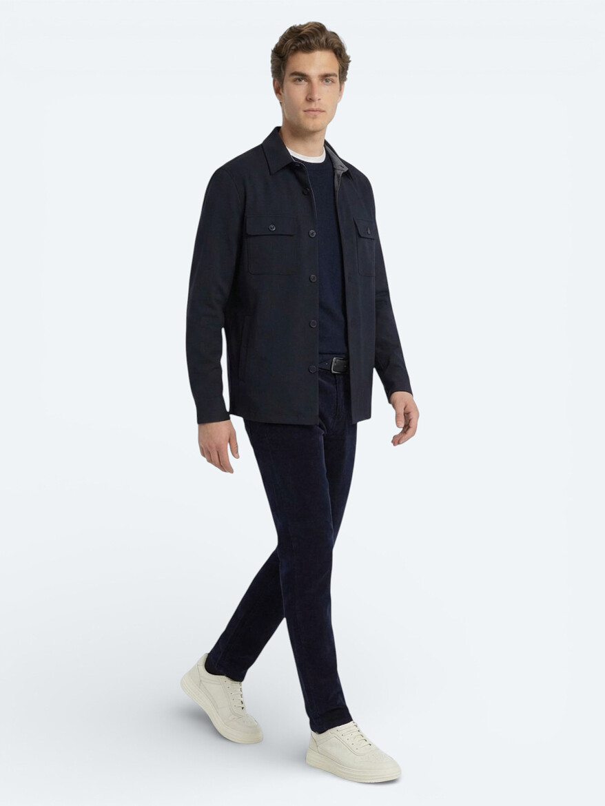 Navy Blue Regular Fit Shirt Collar Casual Weaving Coat - KİP