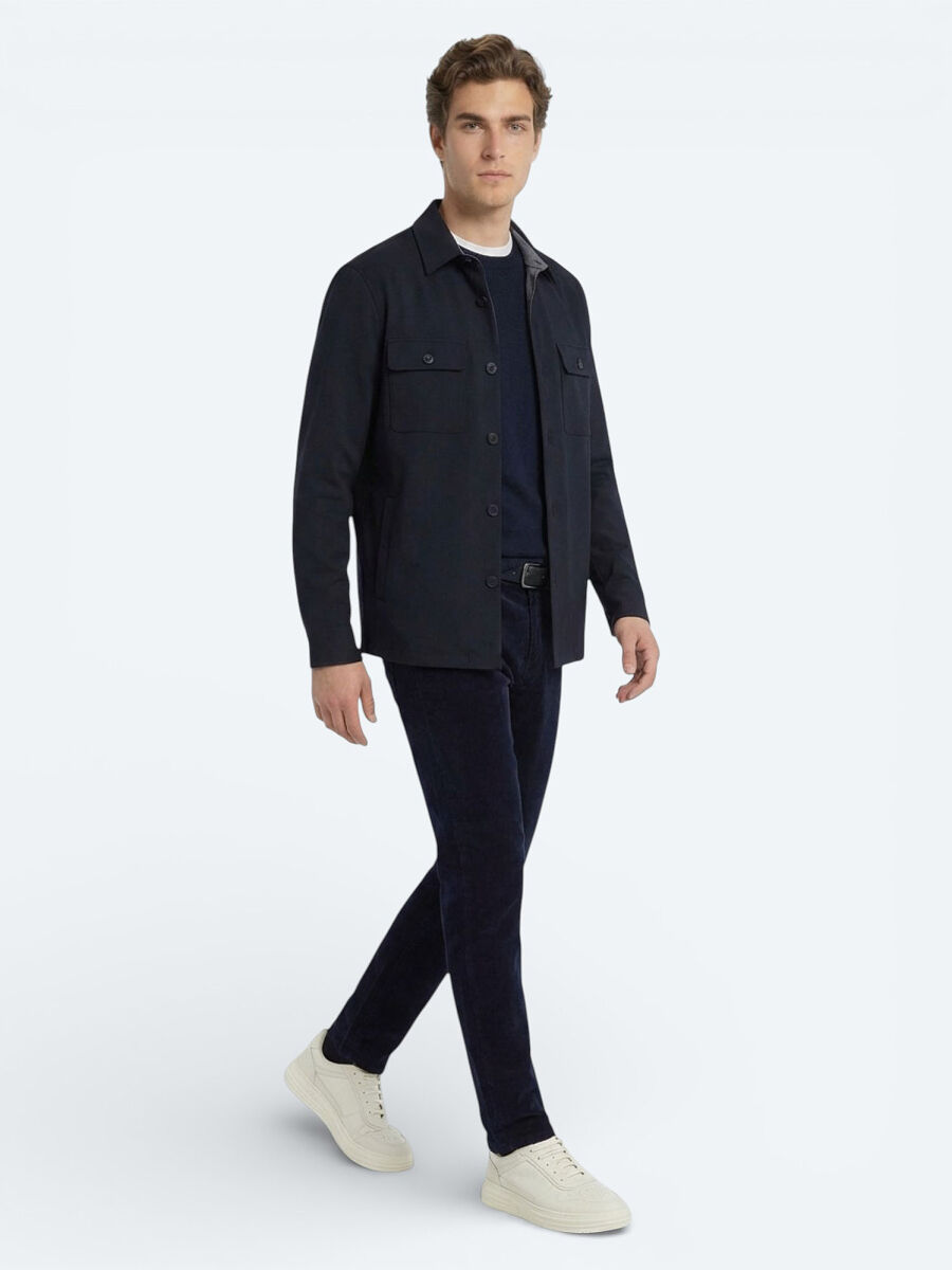 Navy Blue Regular Fit Shirt Collar Casual Weaving Coat - 1