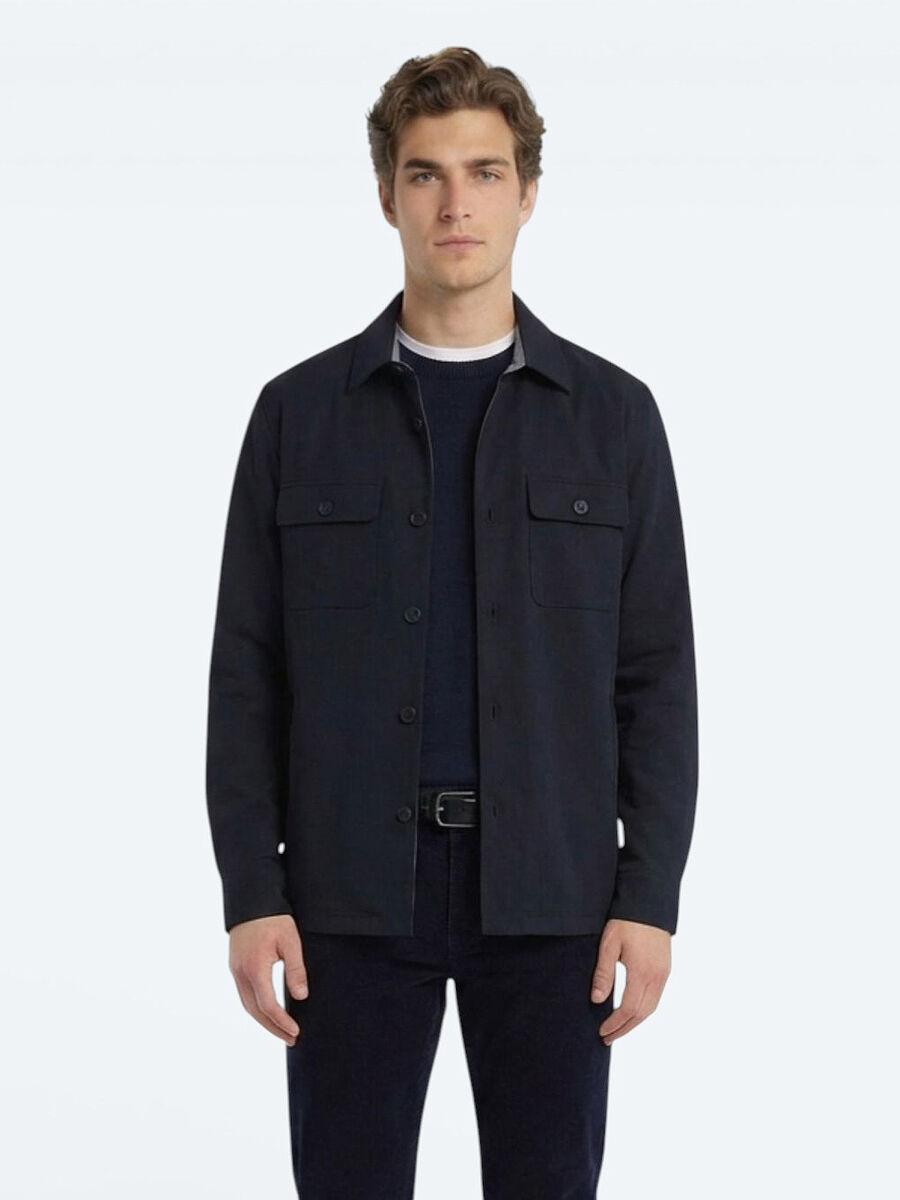 Navy Blue Regular Fit Shirt Collar Casual Weaving Coat - 2