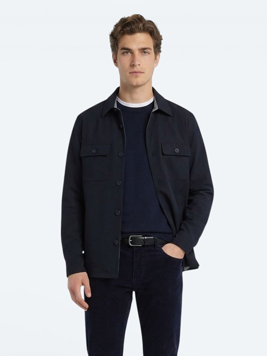 Navy Blue Regular Fit Shirt Collar Casual Weaving Coat - 3