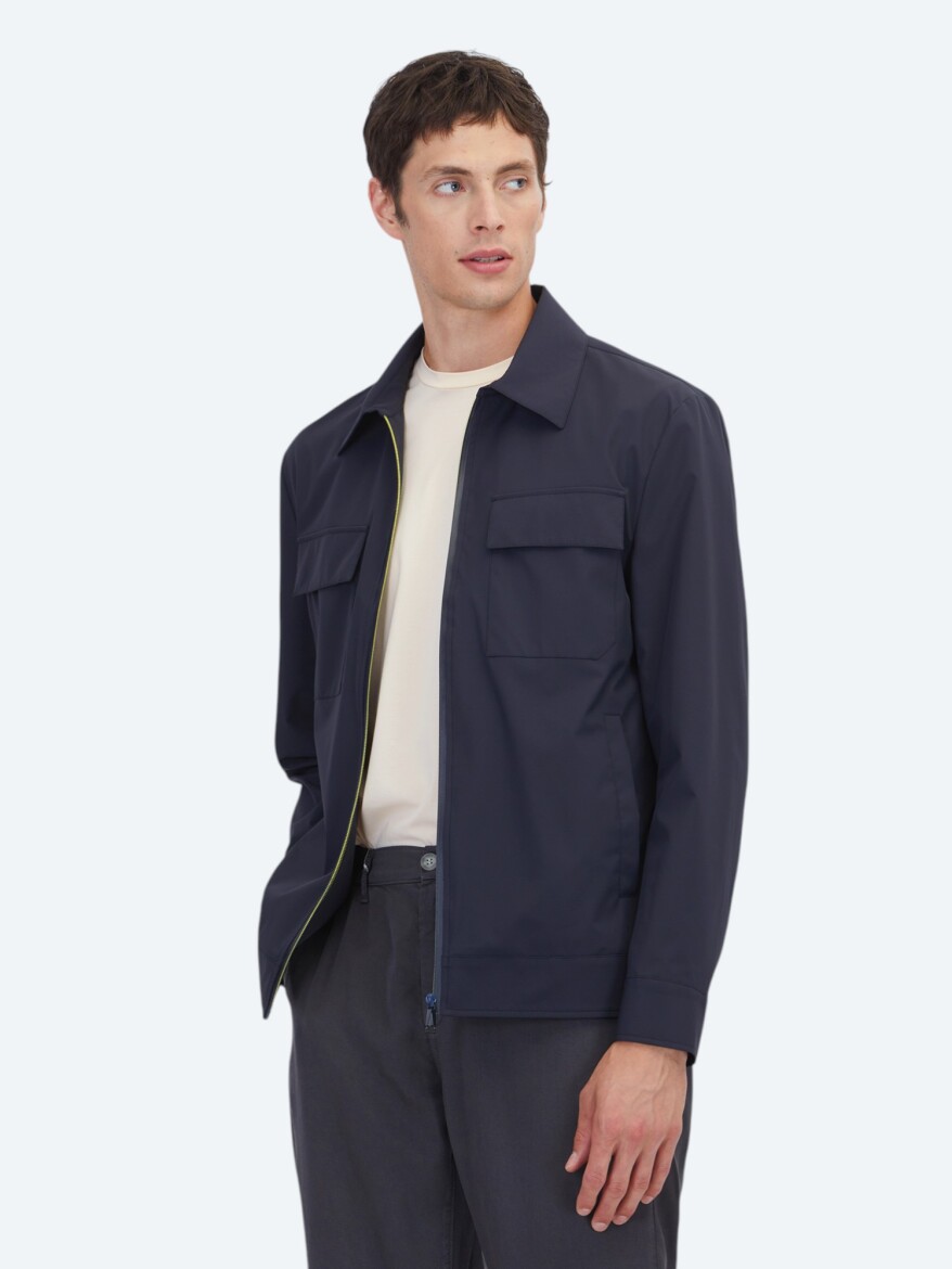 Navy Blue Regular Fit Shirt Collar Casual Weaving Coat - 1