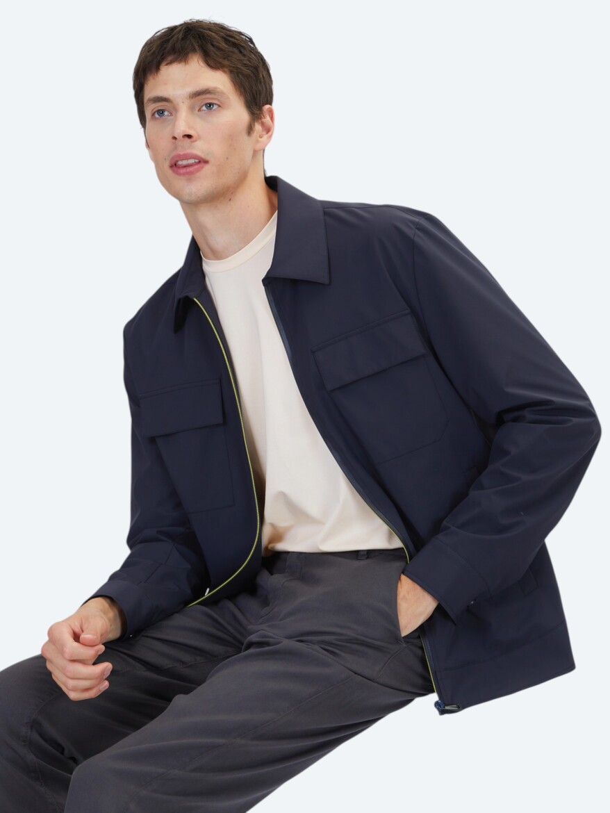 Navy Blue Regular Fit Shirt Collar Casual Weaving Coat - 2