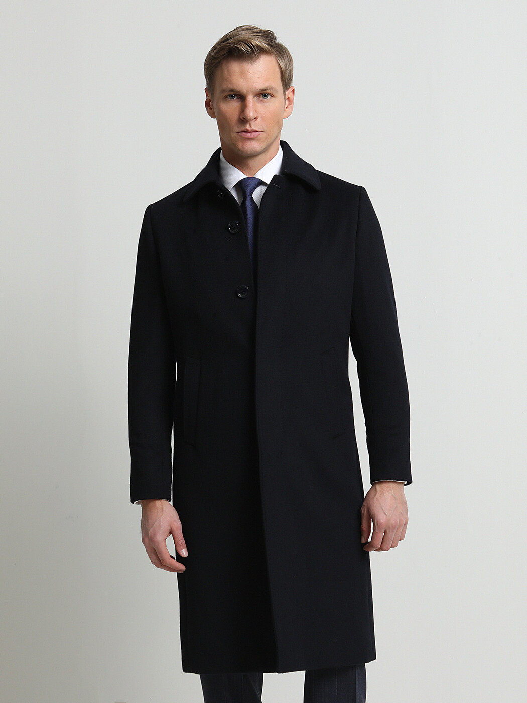 Navy Blue Regular Fit Shirt Collar Casual Weaving Overcoat - 2