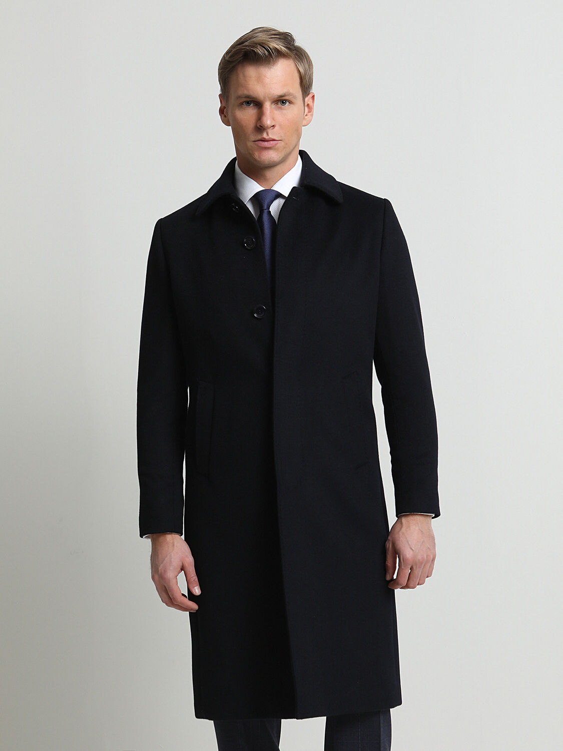 Navy Blue Regular Fit Shirt Collar Casual Weaving Overcoat - 2