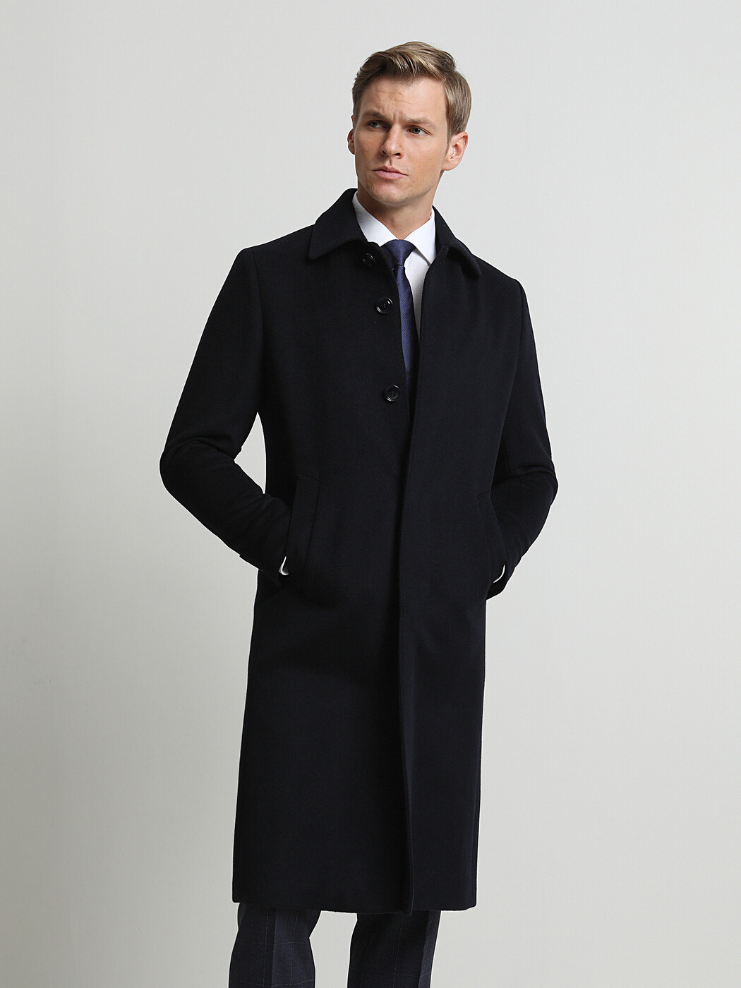 Navy Blue Regular Fit Shirt Collar Casual Weaving Overcoat - 3