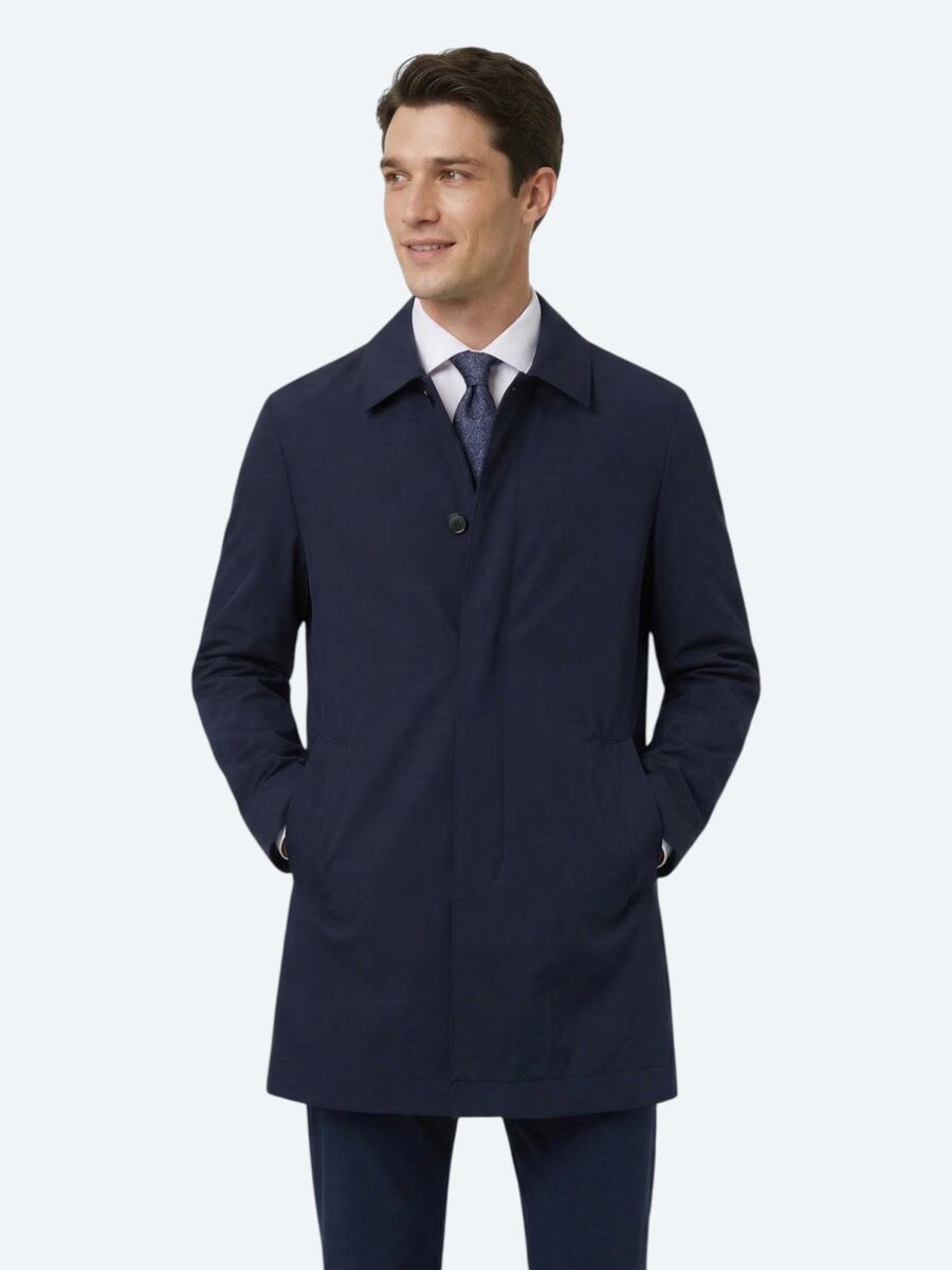 Navy Blue Regular Fit Shirt Collar Casual Weaving Rain Coat - 1