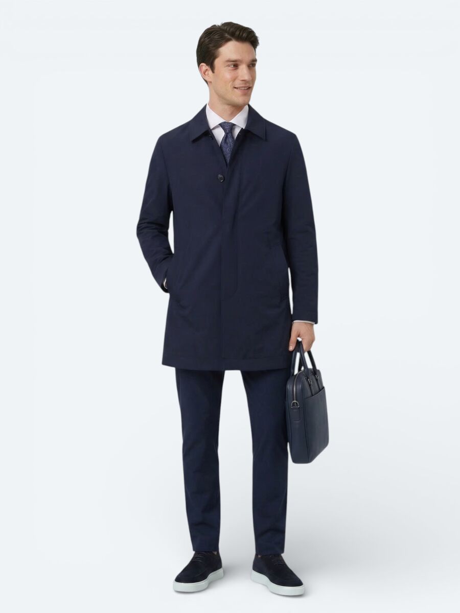 Navy Blue Regular Fit Shirt Collar Casual Weaving Rain Coat - 2