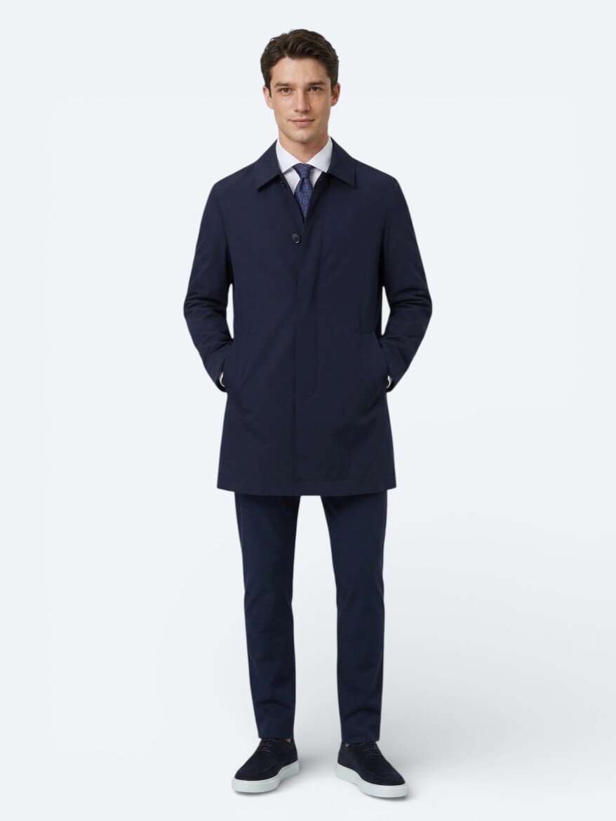 Navy Blue Regular Fit Shirt Collar Casual Weaving Rain Coat - 3