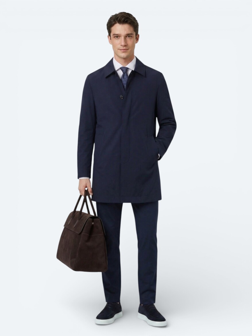 Navy Blue Regular Fit Shirt Collar Casual Weaving Rain Coat - 4