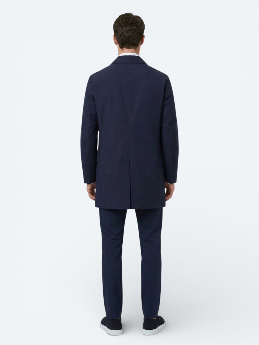 Navy Blue Regular Fit Shirt Collar Casual Weaving Rain Coat - 5