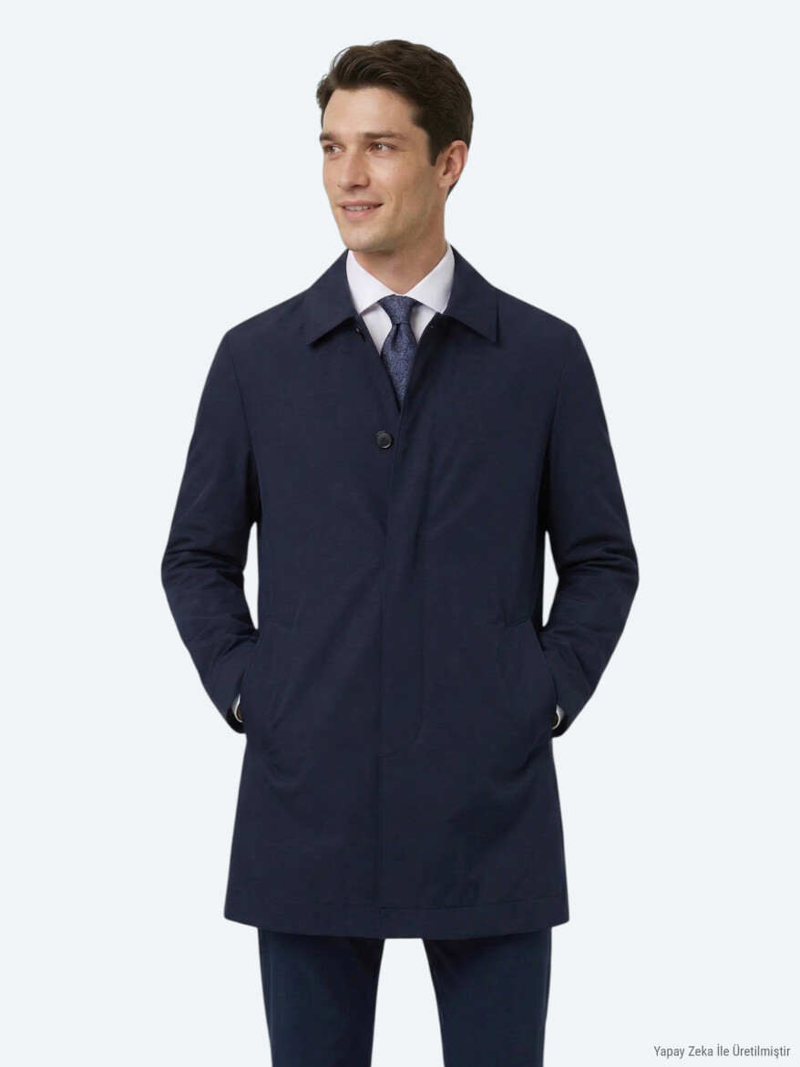 Navy Blue Regular Fit Shirt Collar Casual Weaving Rain Coat - 1