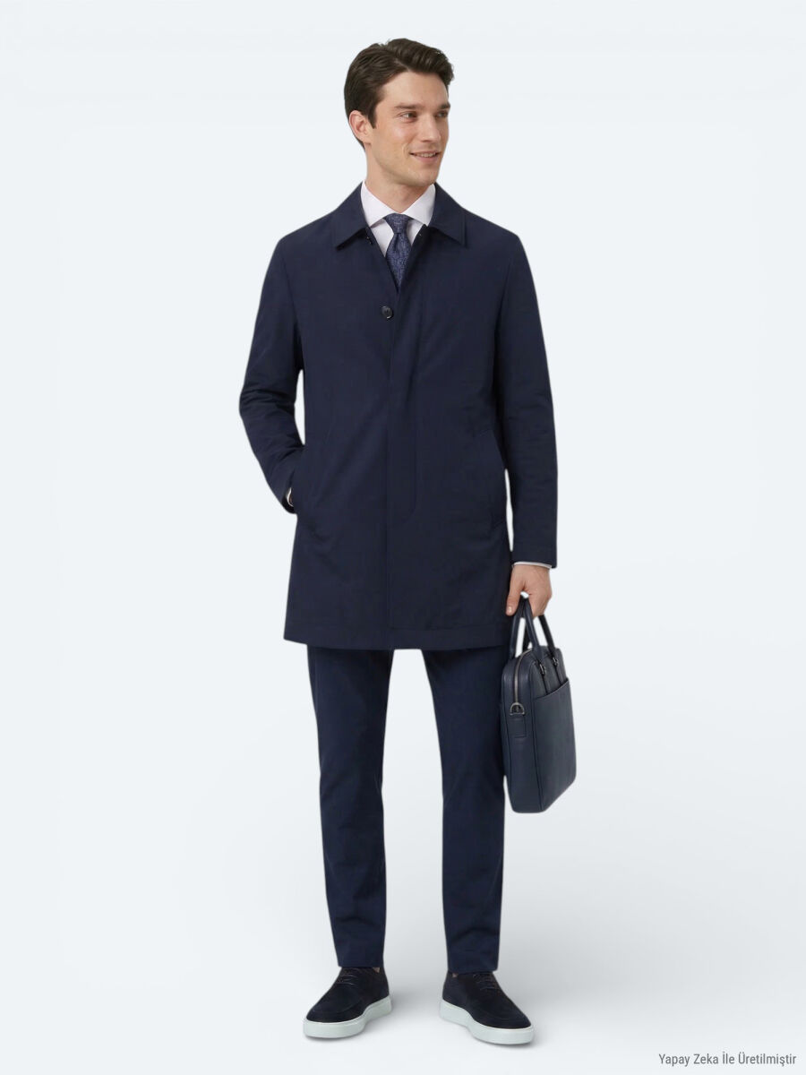 Navy Blue Regular Fit Shirt Collar Casual Weaving Rain Coat - 2