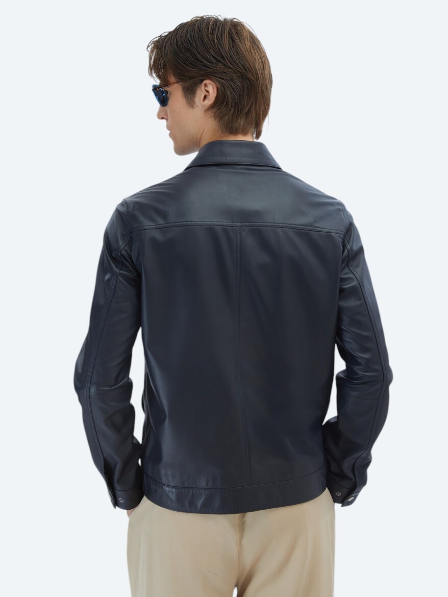 Navy Blue Regular Fit Shirt Collar Smart Casual Sheep Leather Leather Coat - 5