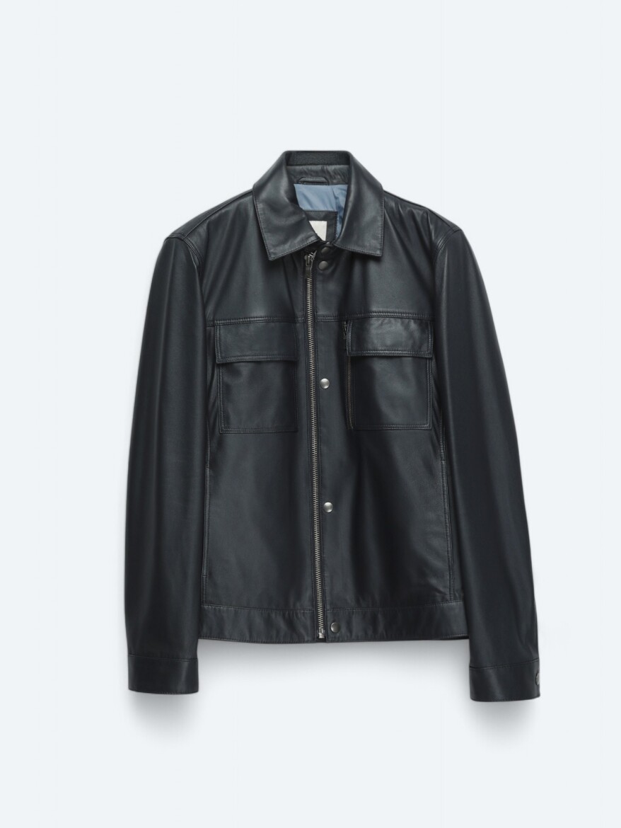 Navy Blue Regular Fit Shirt Collar Smart Casual Sheep Leather Leather Coat - 6