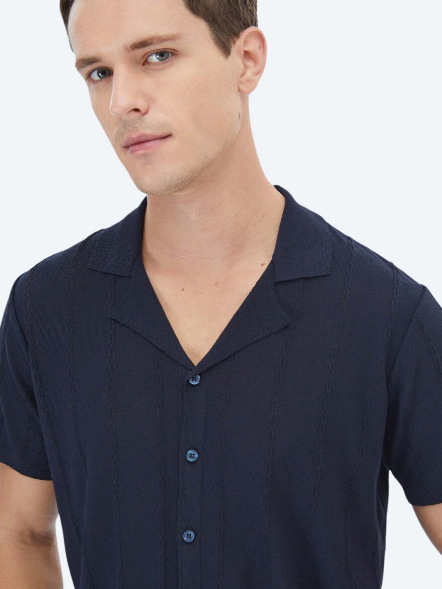 Navy Blue Regular Fit Short Knitting Casual Shirt - 4