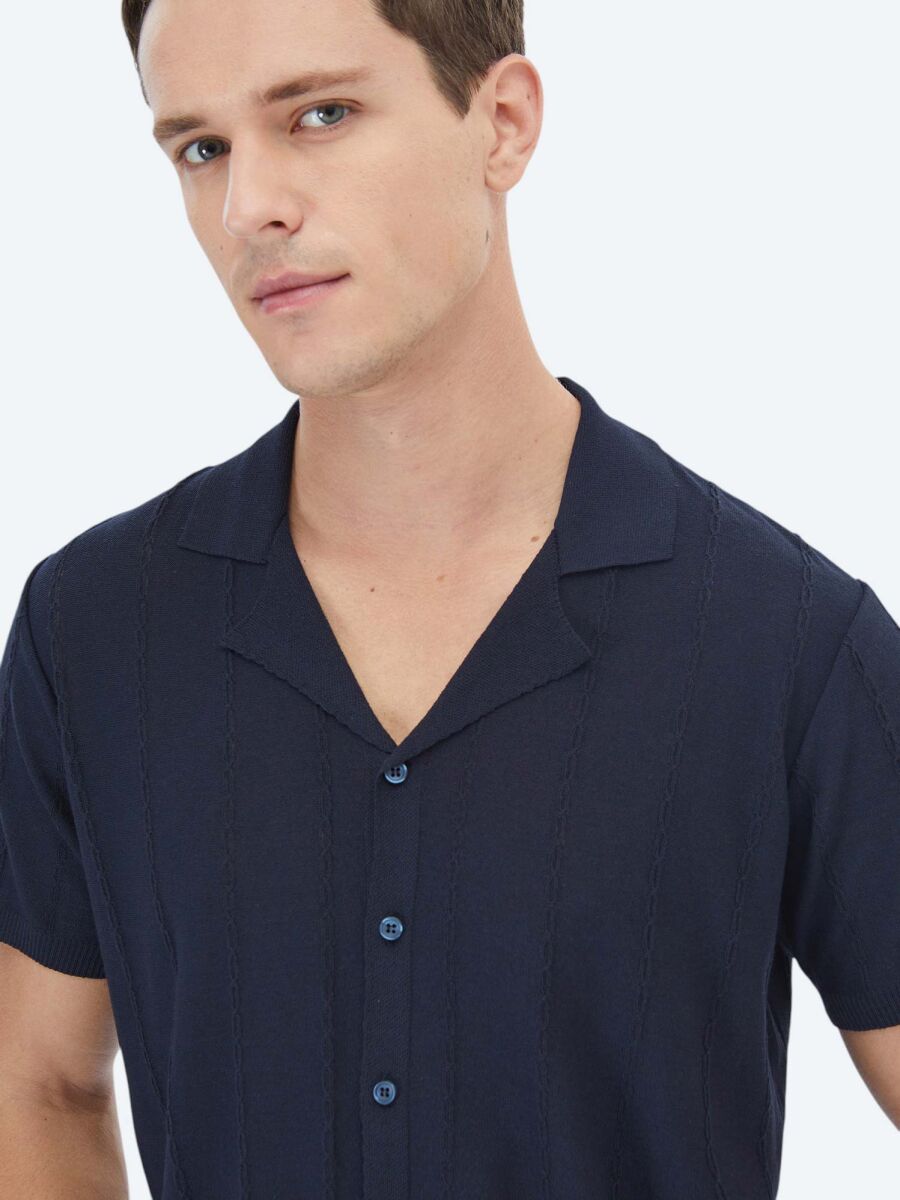 Navy Blue Regular Fit Short Knitting Casual Shirt - 4