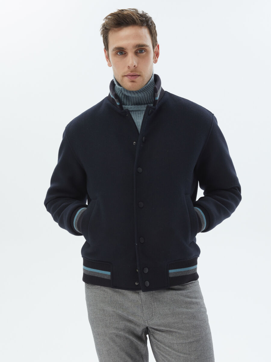 Navy Blue Regular Fit Turtleneck Casual Knitting Coat - 1