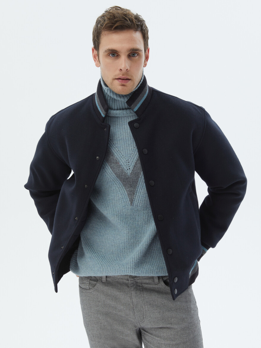 Navy Blue Regular Fit Turtleneck Casual Knitting Coat - 2