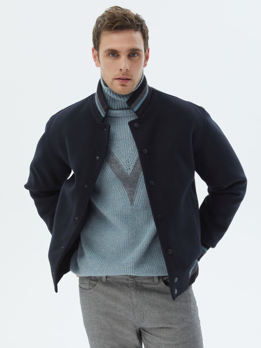 Navy Blue Regular Fit Turtleneck Casual Knitting Coat - 2