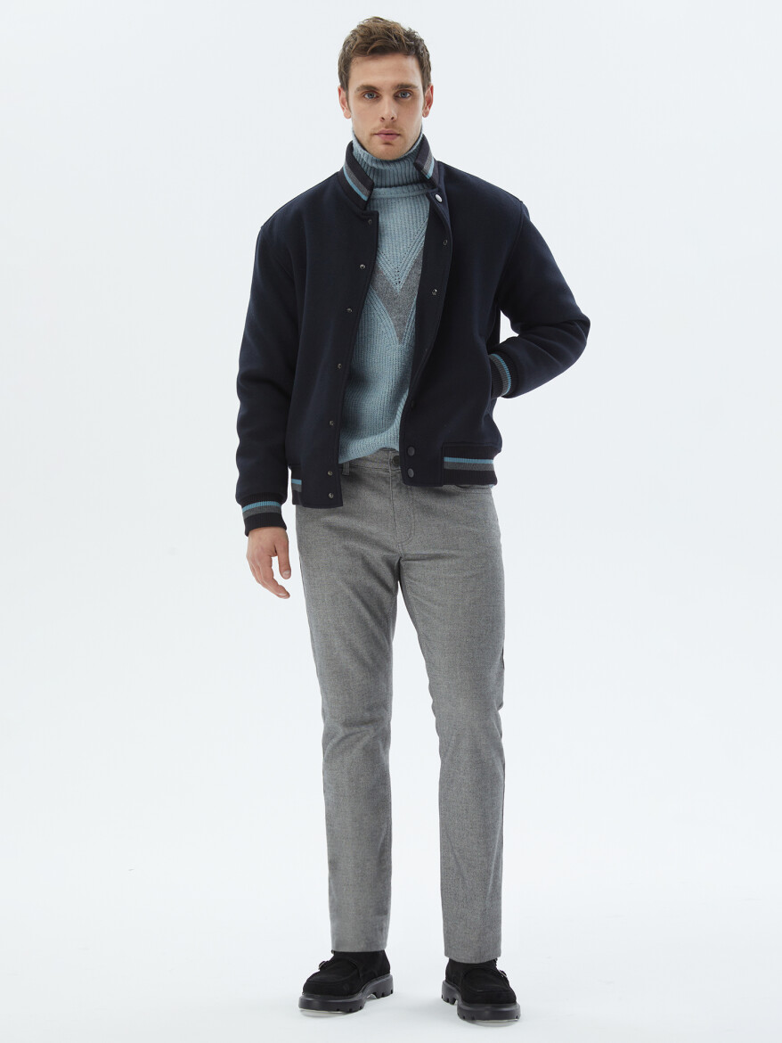 Navy Blue Regular Fit Turtleneck Casual Knitting Coat - 3