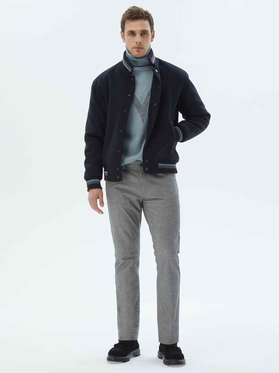 Navy Blue Regular Fit Turtleneck Casual Knitting Coat - 3