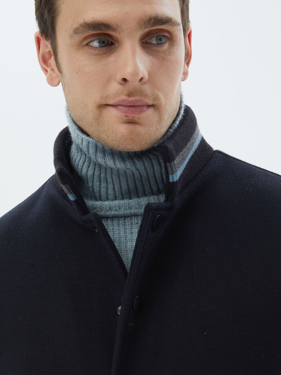 Navy Blue Regular Fit Turtleneck Casual Knitting Coat - 6