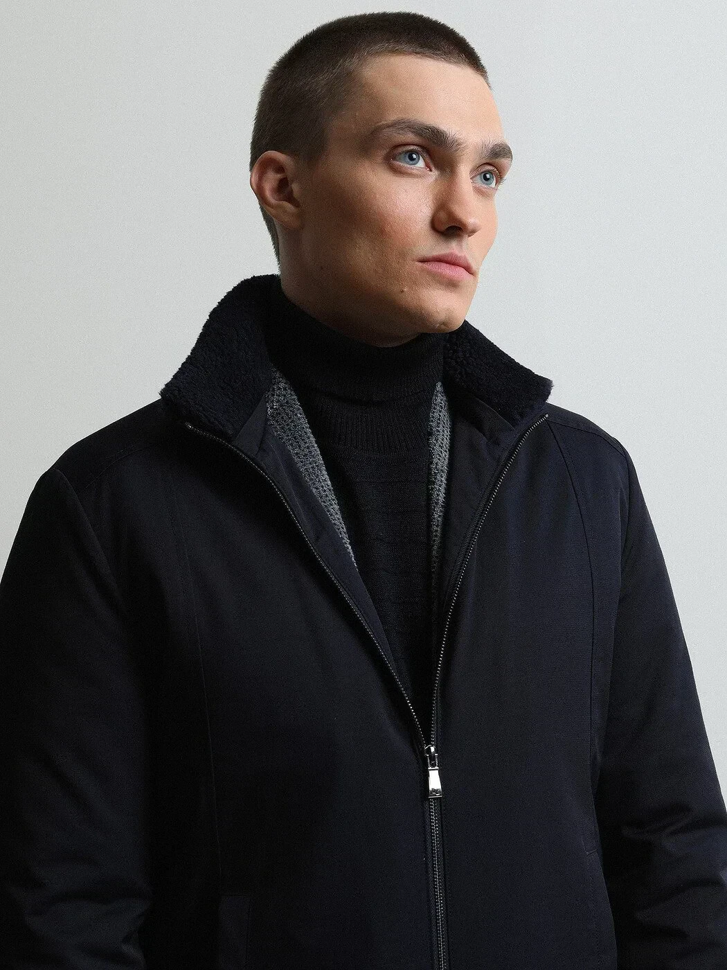 Navy Blue Regular Fit Turtleneck Casual Weaving Coat - 1