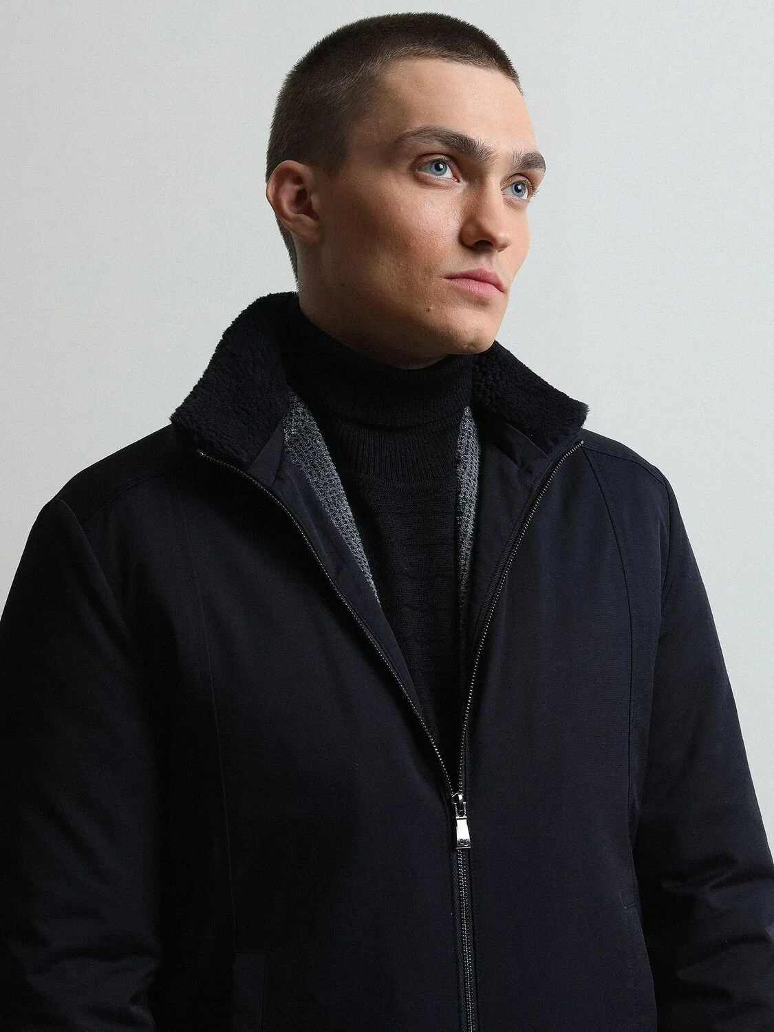 Navy Blue Regular Fit Turtleneck Casual Weaving Coat - 1