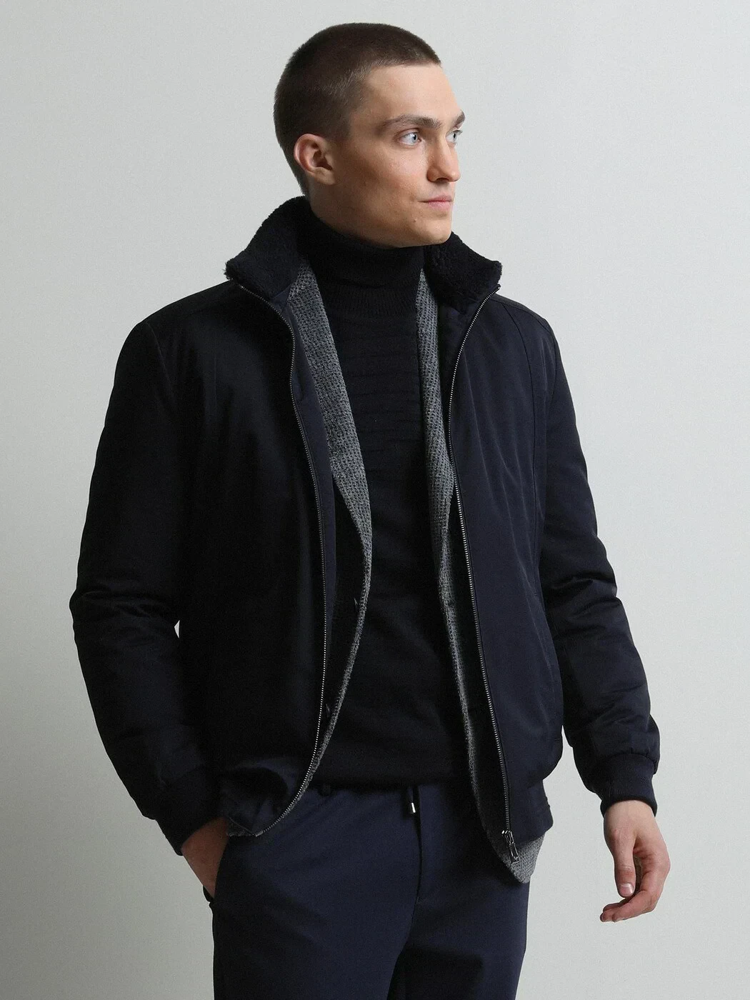 Navy Blue Regular Fit Turtleneck Casual Weaving Coat - 2