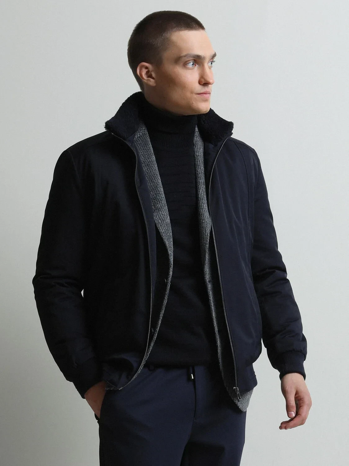 Navy Blue Regular Fit Turtleneck Casual Weaving Coat - 2