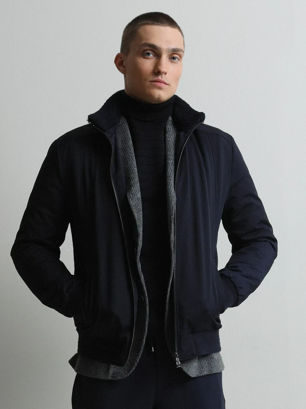 Navy Blue Regular Fit Turtleneck Casual Weaving Coat - 4