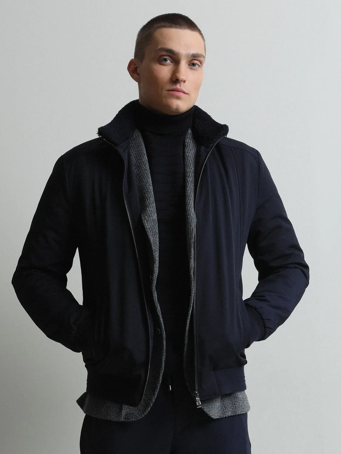 Navy Blue Regular Fit Turtleneck Casual Weaving Coat - 4