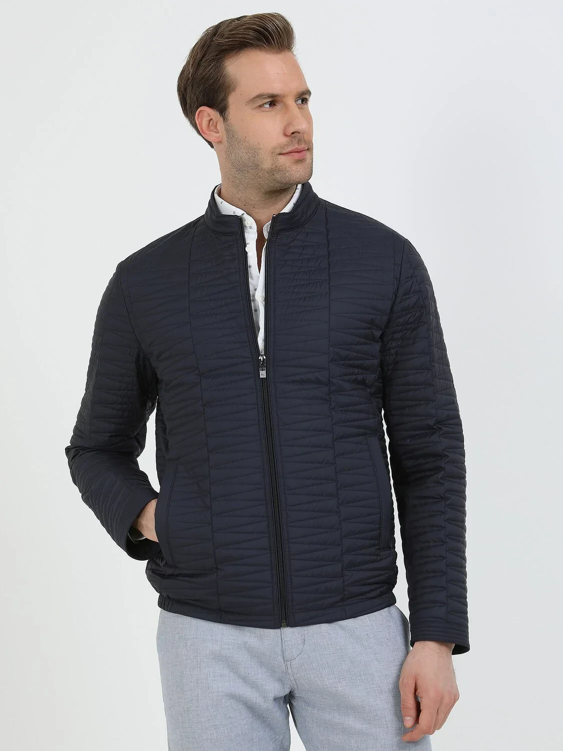 Navy Blue Regular Fit Turtleneck Casual Weaving Coat - 1