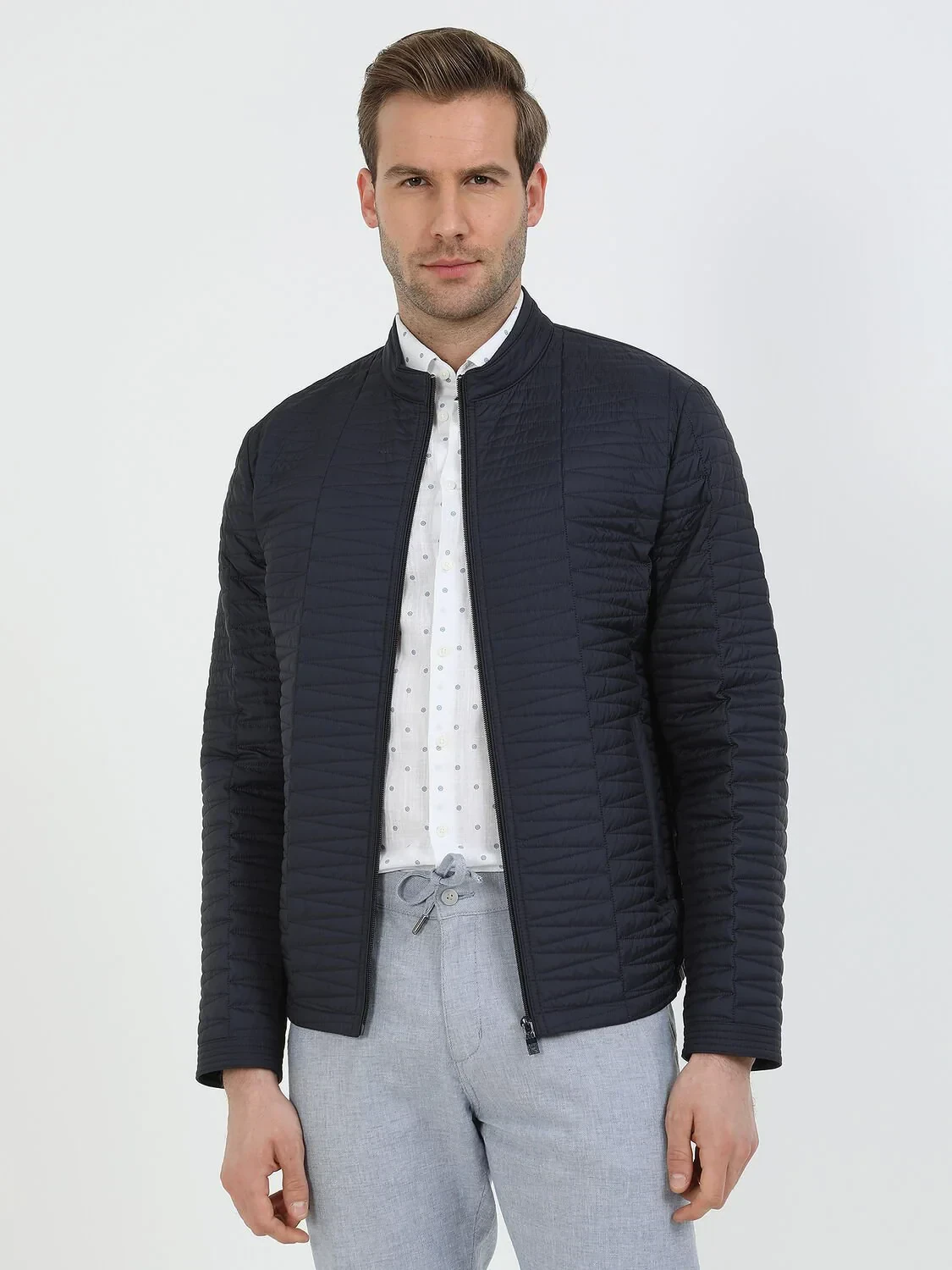 Navy Blue Regular Fit Turtleneck Casual Weaving Coat - 2