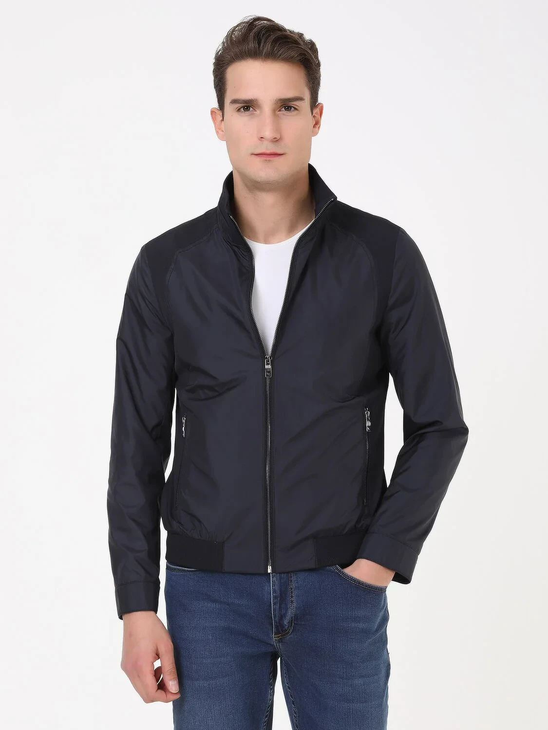 Navy Blue Regular Fit Turtleneck Casual Weaving Coat - 1