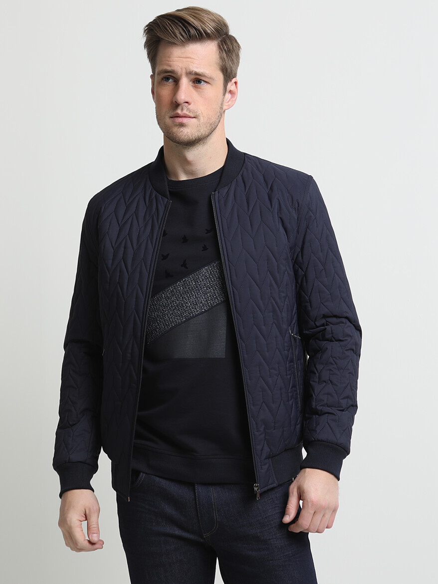 Navy Blue Regular Fit Turtleneck Casual Weaving Coat - 3