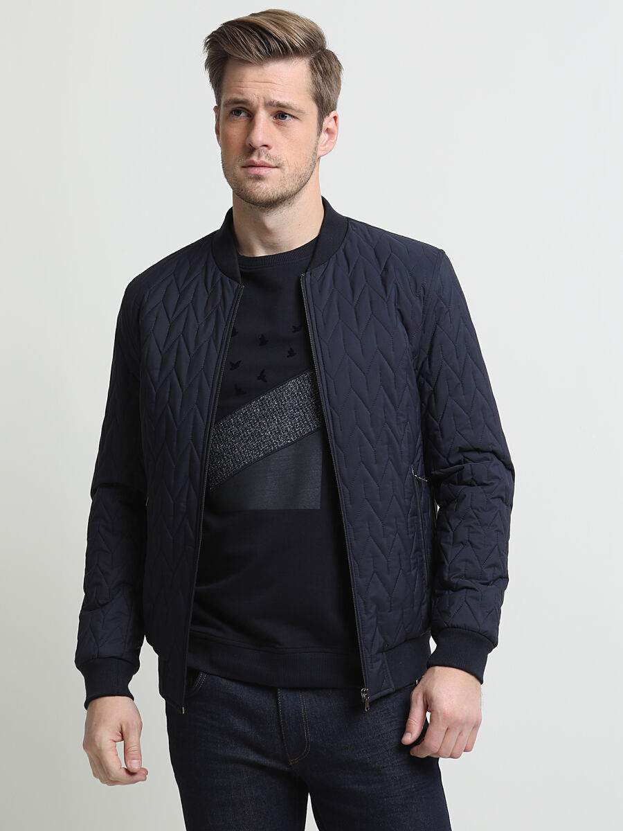 Navy Blue Regular Fit Turtleneck Casual Weaving Coat - 3