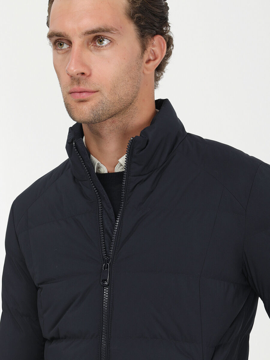 Navy Blue Regular Fit Turtleneck Casual Weaving Coat - 3