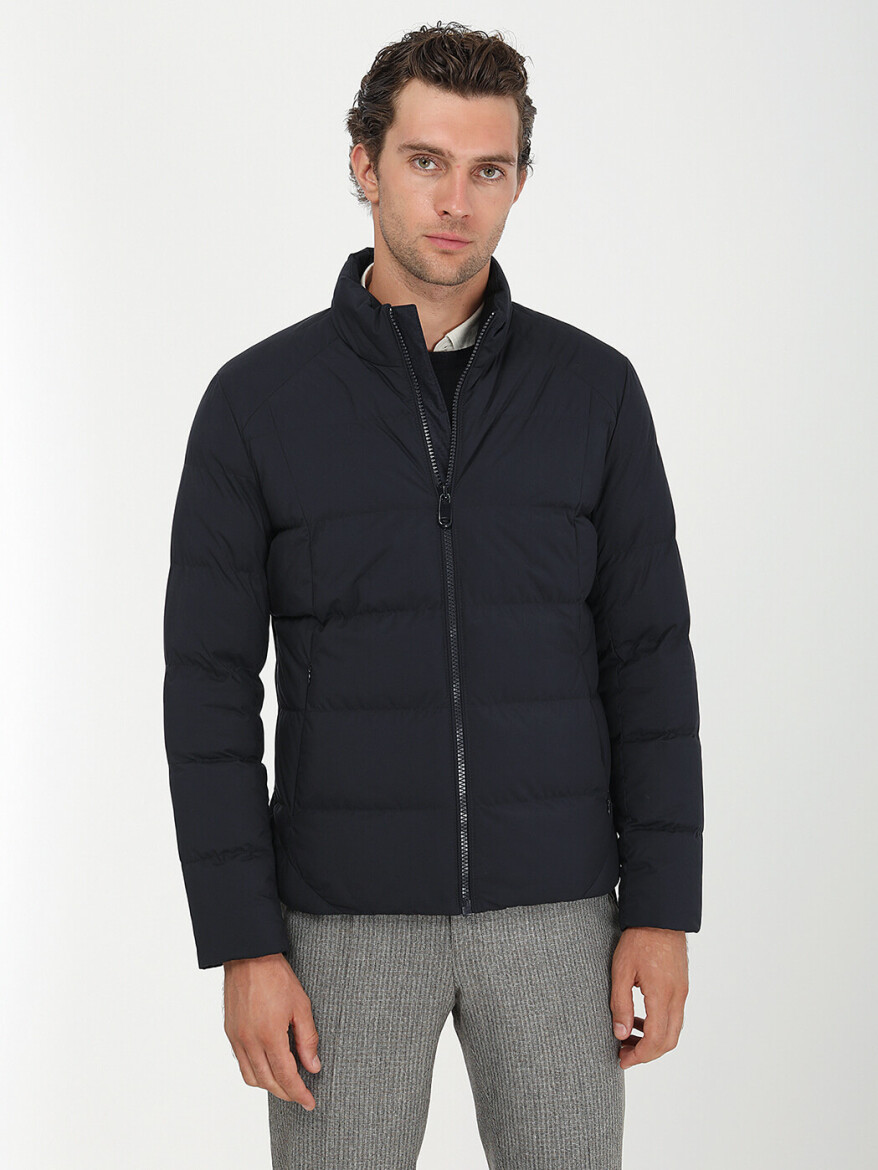 Navy Blue Regular Fit Turtleneck Casual Weaving Coat - 5