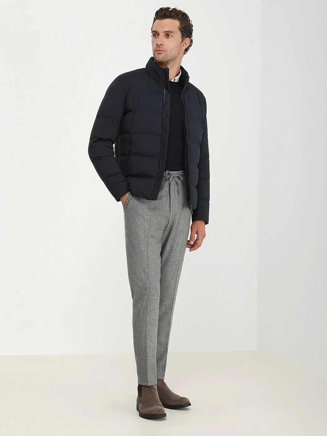 Navy Blue Regular Fit Turtleneck Casual Weaving Coat - 2