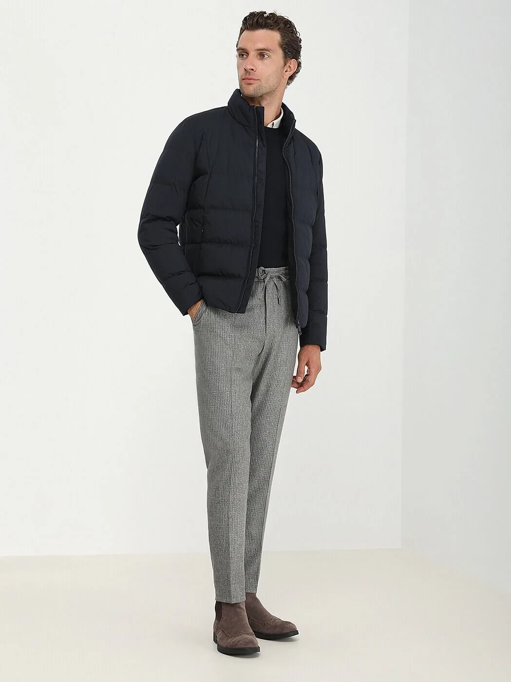 Navy Blue Regular Fit Turtleneck Casual Weaving Coat - 2