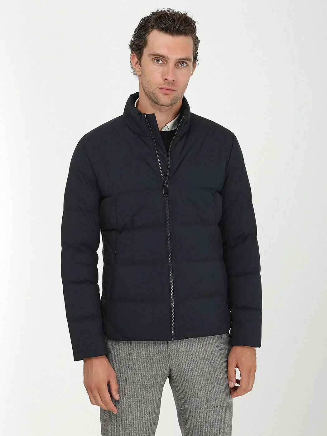 Navy Blue Regular Fit Turtleneck Casual Weaving Coat - 5