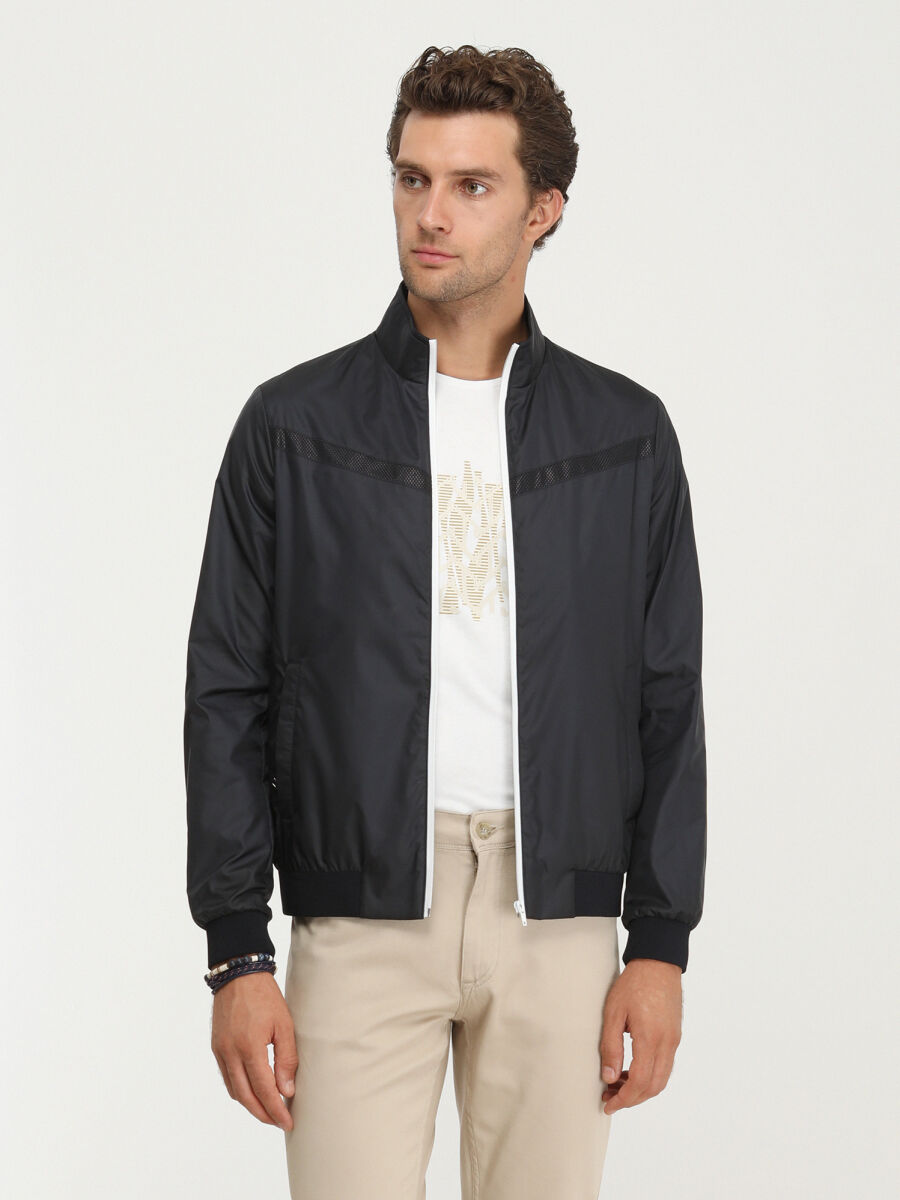 Navy Blue Regular Fit Turtleneck Casual Weaving Coat - 1