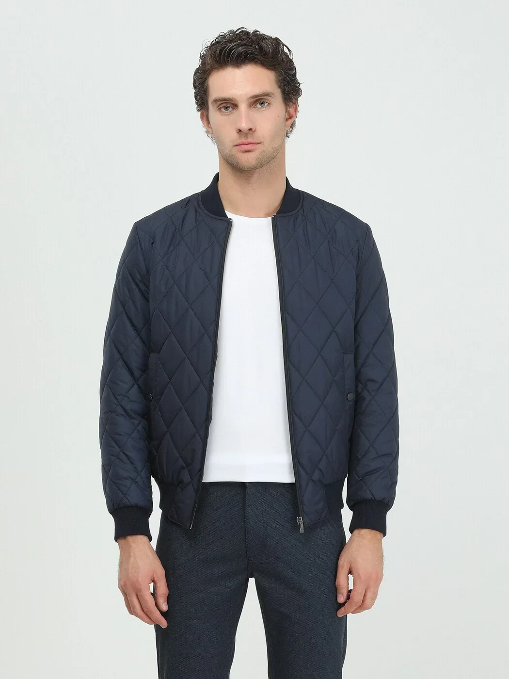 Navy Blue Regular Fit Turtleneck Casual Weaving Coat - 1