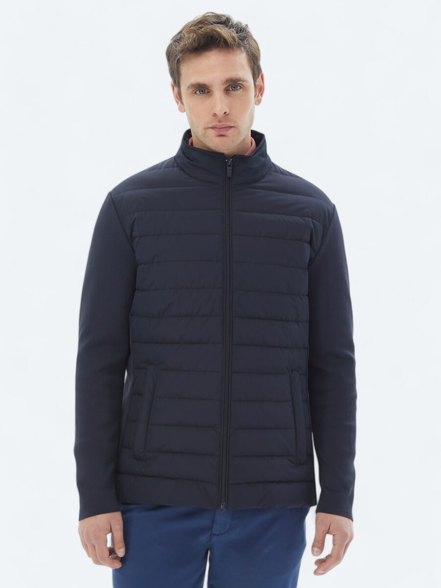 Navy Blue Regular Fit Turtleneck Casual Weaving Coat - 1